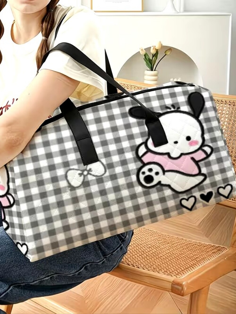 Cute Grey Gingham Poco Puppy Hello kittys Tote Bag with Pink Accents